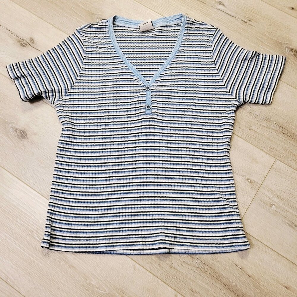 Vtg 90's Core Short Sleeve V Neck Striped Blue T Shirt Top Design Zone Sz M